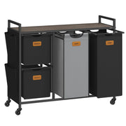 Cesto portabiancheria 4 scomparti 150 litri ruote carrello con ripiani sacco tasche laterali 6 etichette nero 12_0006658