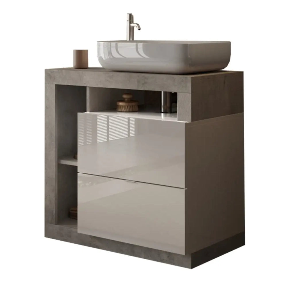 Mobile da bagno BURA – 79 cm – Bianco lucido e cemento – Lavabo incluso – 2 cassetti