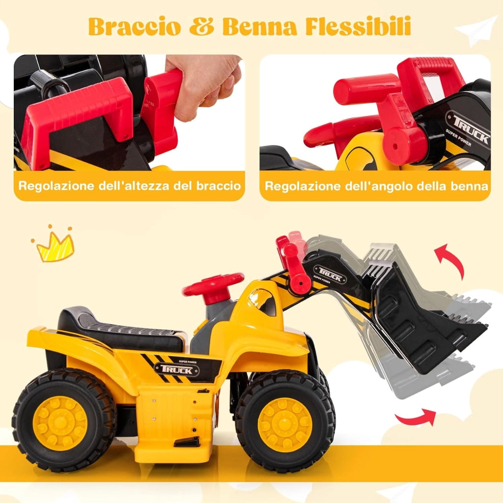 Escavatore Elettrico per Bambini, Ruspa Cavalcabile con Benna Controllabile Vano Nascosto Effetti Sonori e Canestro da Basket Pieghevole e 3 Palline, per Bambini 2 Anni+