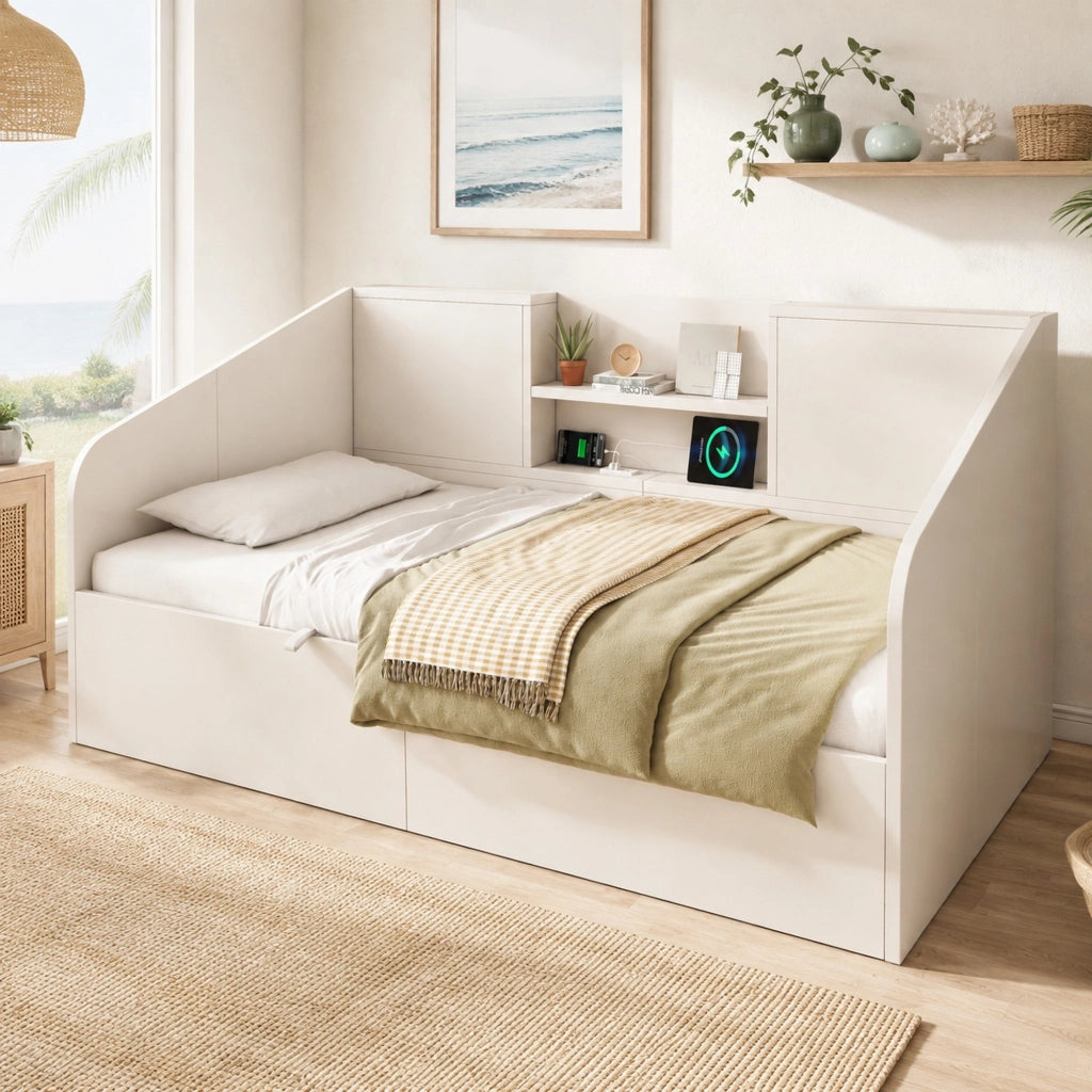 Letto a scomparsa idraulico bianco 90x200 cm con prese USB/Type-C, ripiani e ampio vano contenitore