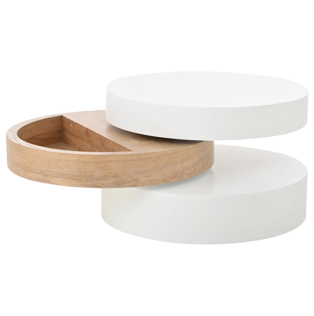 Tavolino da caffè 60 x 60 x 35;1 cm girevole 360° con vano contenitore in MDF bianco e naturale