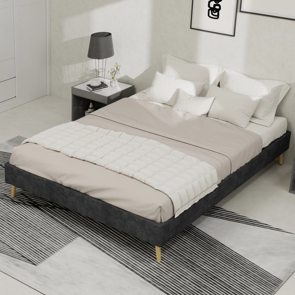 Letto matrimoniale 140 × 200 cm con struttura stabile, senza testiera e senza materasso, in tessuto e metallo, grigio
