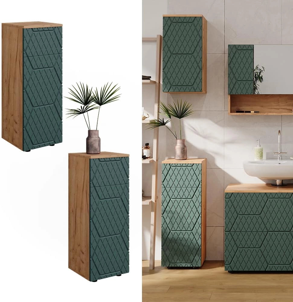 Mobile midi Irma, Quercia verde/oro, 30 x 81 cm con 1 cassetto, 2 scomparti, bagno, per la conservazione in bagno, abbinabile alla serie Irma