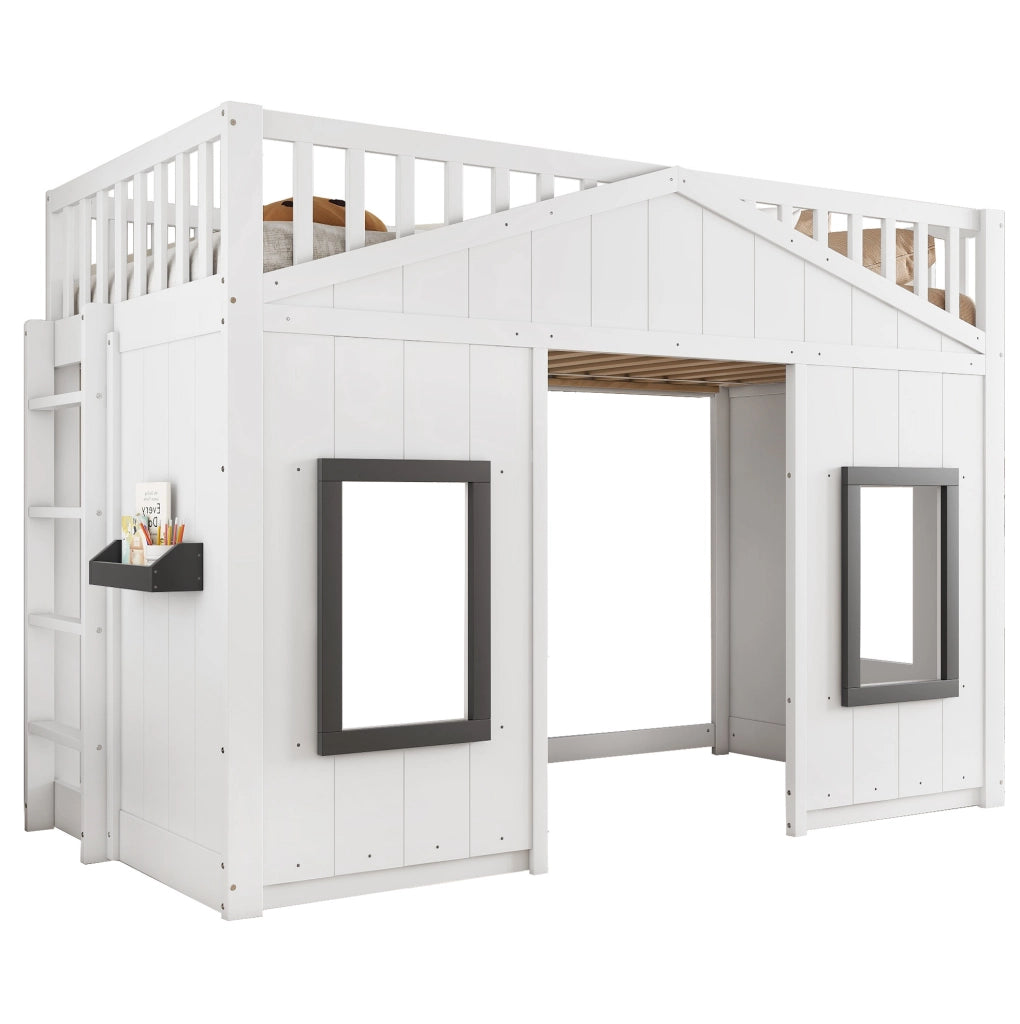 Letto a castello 90x200 cm con scale; sponde e finestre in legno e MDF bianco e grigio