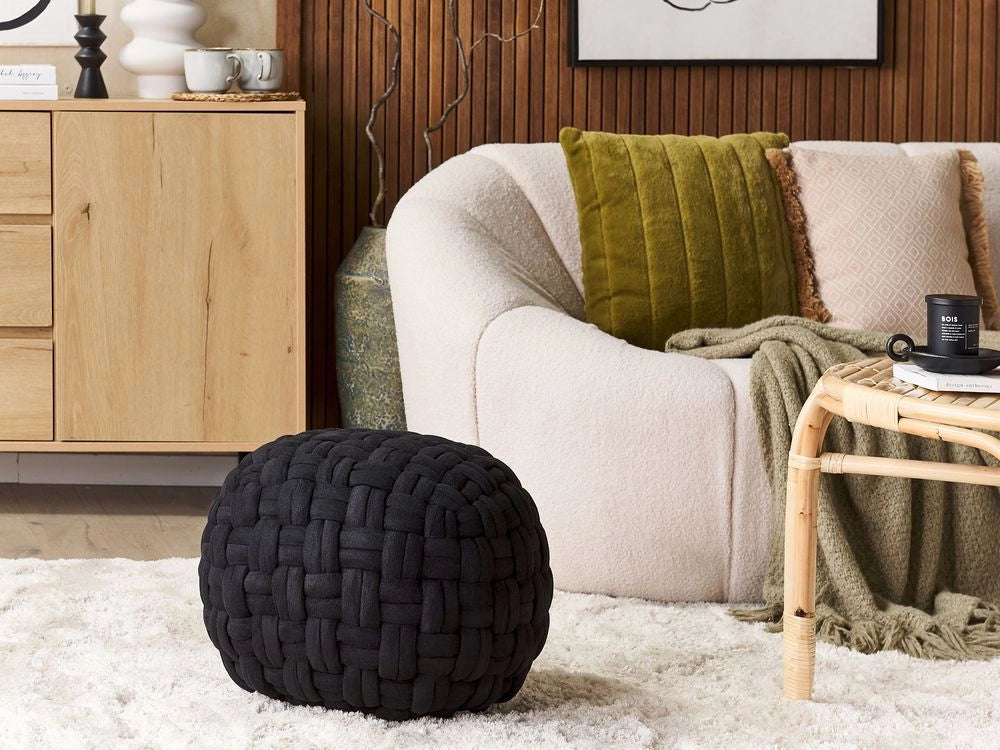Pouf in velluto Nero intrecciato a mano rotondo 45 x 35 cm EPS riempimento poggiapiedi ottomana