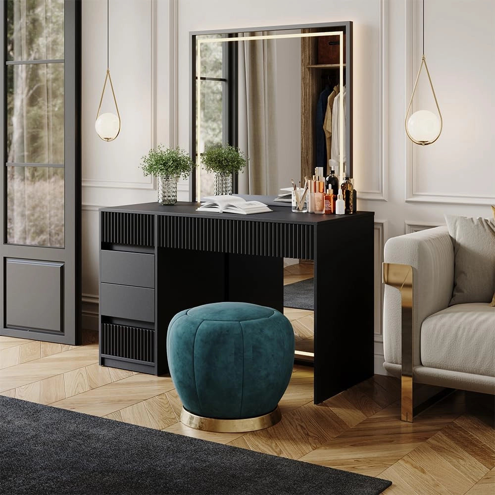 Tavolino da toilette Omira, Nero, 120 cm Senza specchio, Trucco, strumenti e gioielli separati e subito a portata di mano