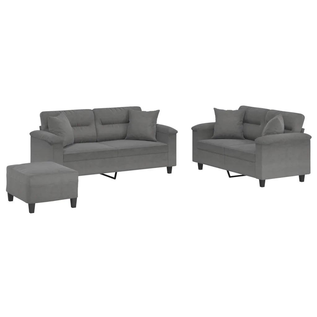 Set Divani 3 pz con Cuscini Grigio Scuro in Tessuto Microfibra