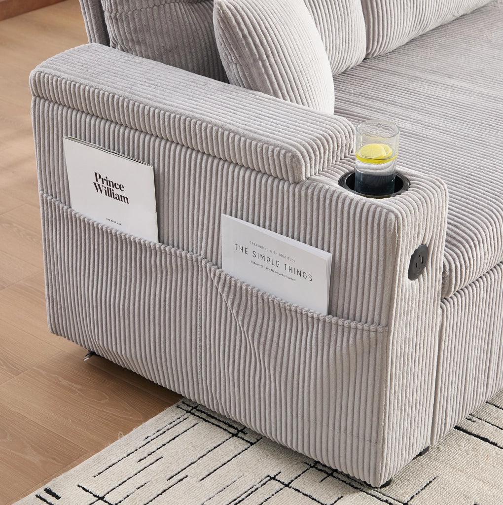 Divano letto 212.5x136x86 cm con chaise longue; letto estraibile e USB-C in corduroy grigio chiaro