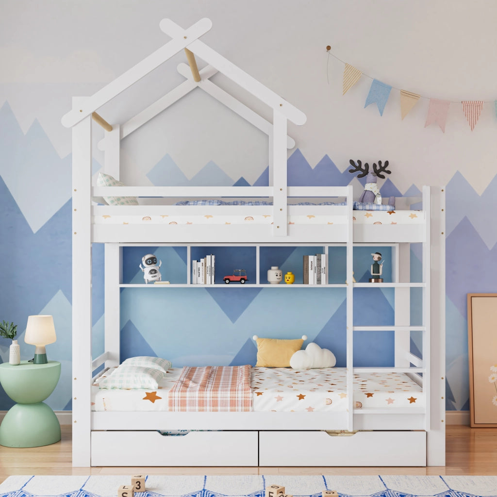 DESMIU Letto a castello 90 × 200 cm con cassetti, ripiani e scala, senza materasso, in legno, bianco