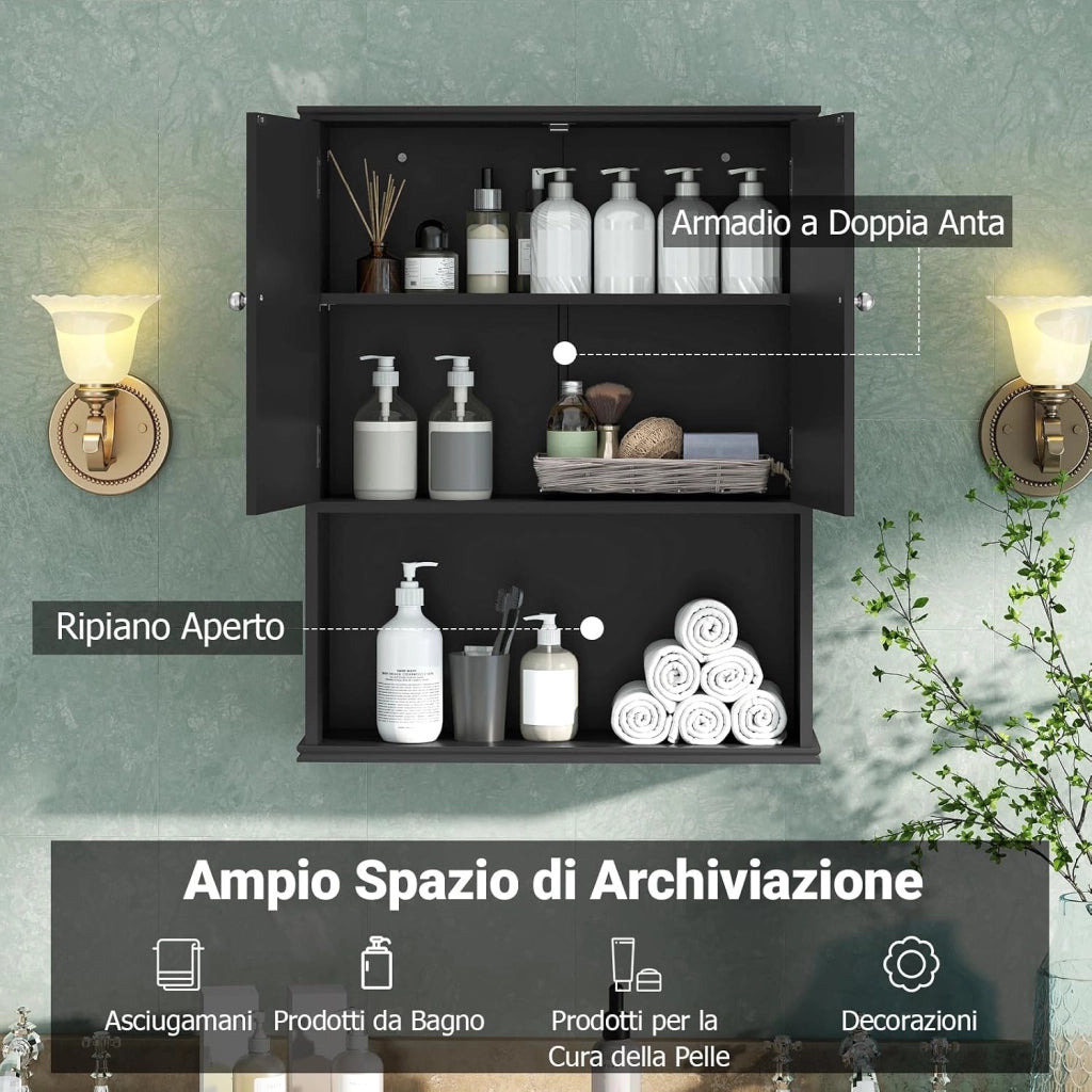 Mobile da Bagno da Parete, Mobiletto Salvaspazio a Muro a 2 Ante con Ripiano Aperto e Ripiano Regolabile, Armadietto per Cucina, Soggiorno e Ingresso, 60 x 21 x 75 cm (Nero)