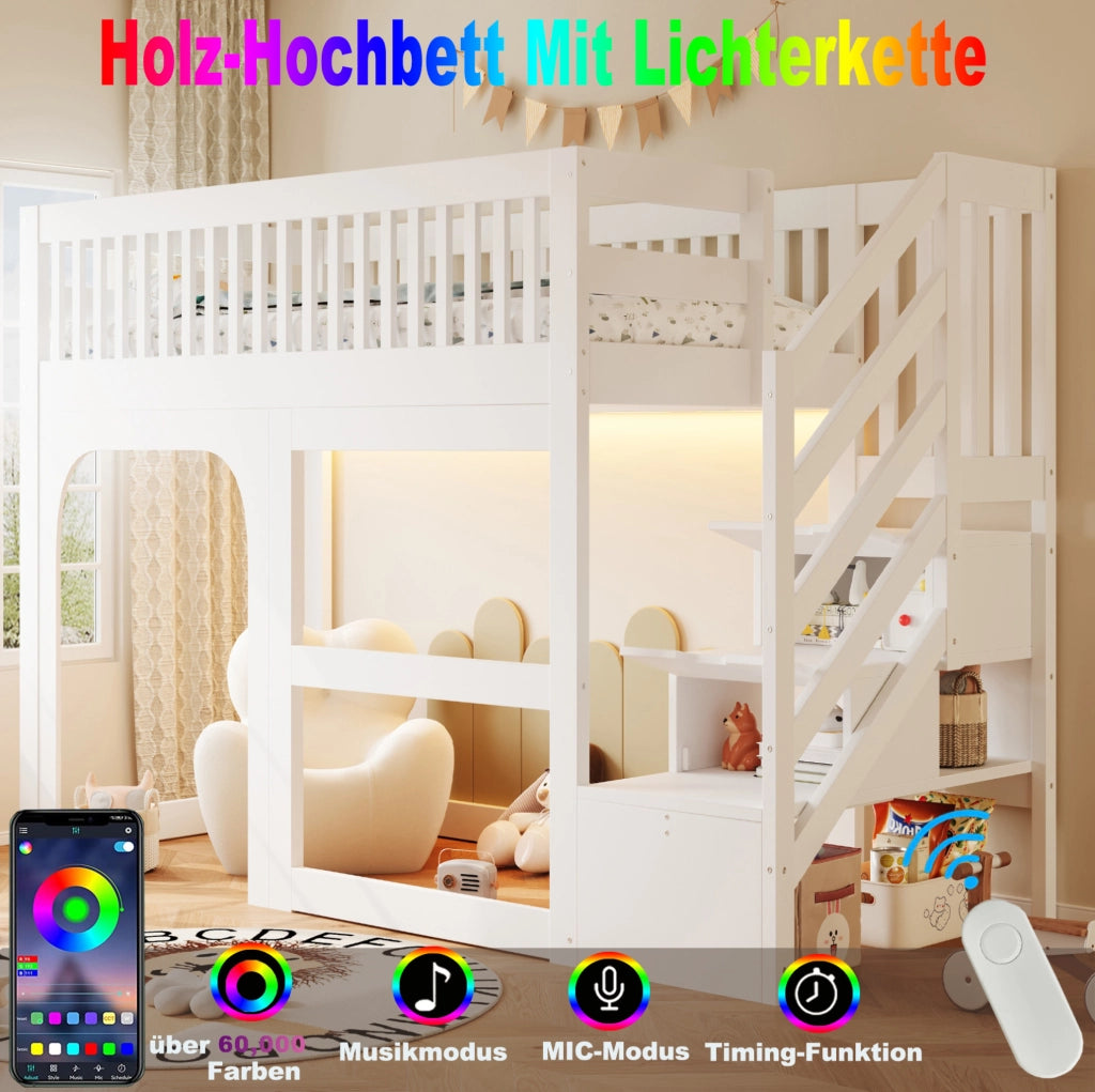 Letto a soppalco multifunzione per bambini 90 x 200 cm con scala contenitore e LED; bianco
