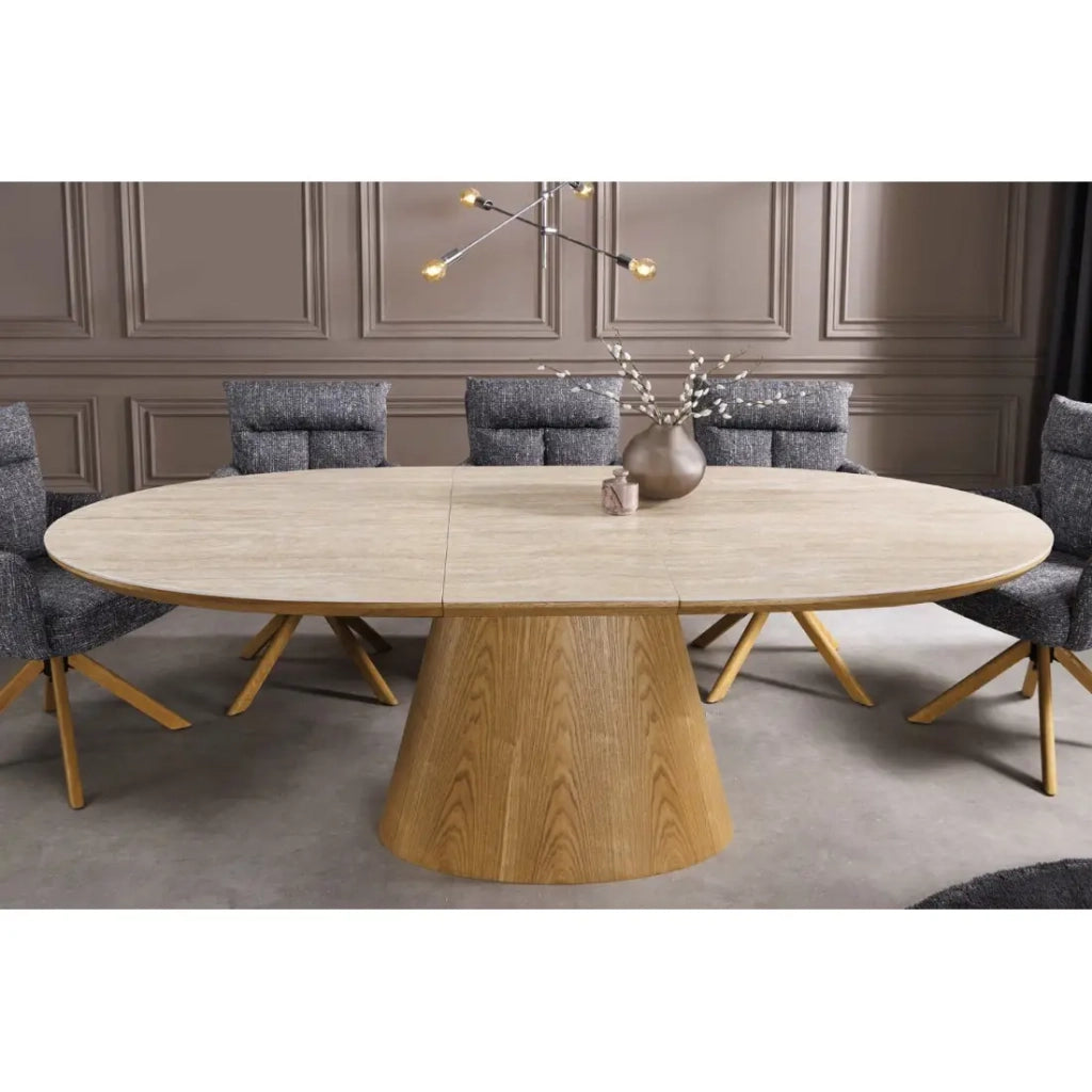 Table LUMEA estensibile 160–200 cm – Tavolo contemporaneo in ceramica effetto travertino e quercia