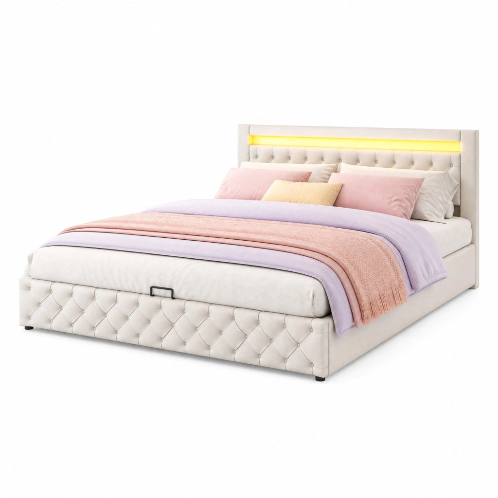 Letto imbottito 180x200 cm in PU bianco con rete a doghe, contenitore, LED e testiera alta