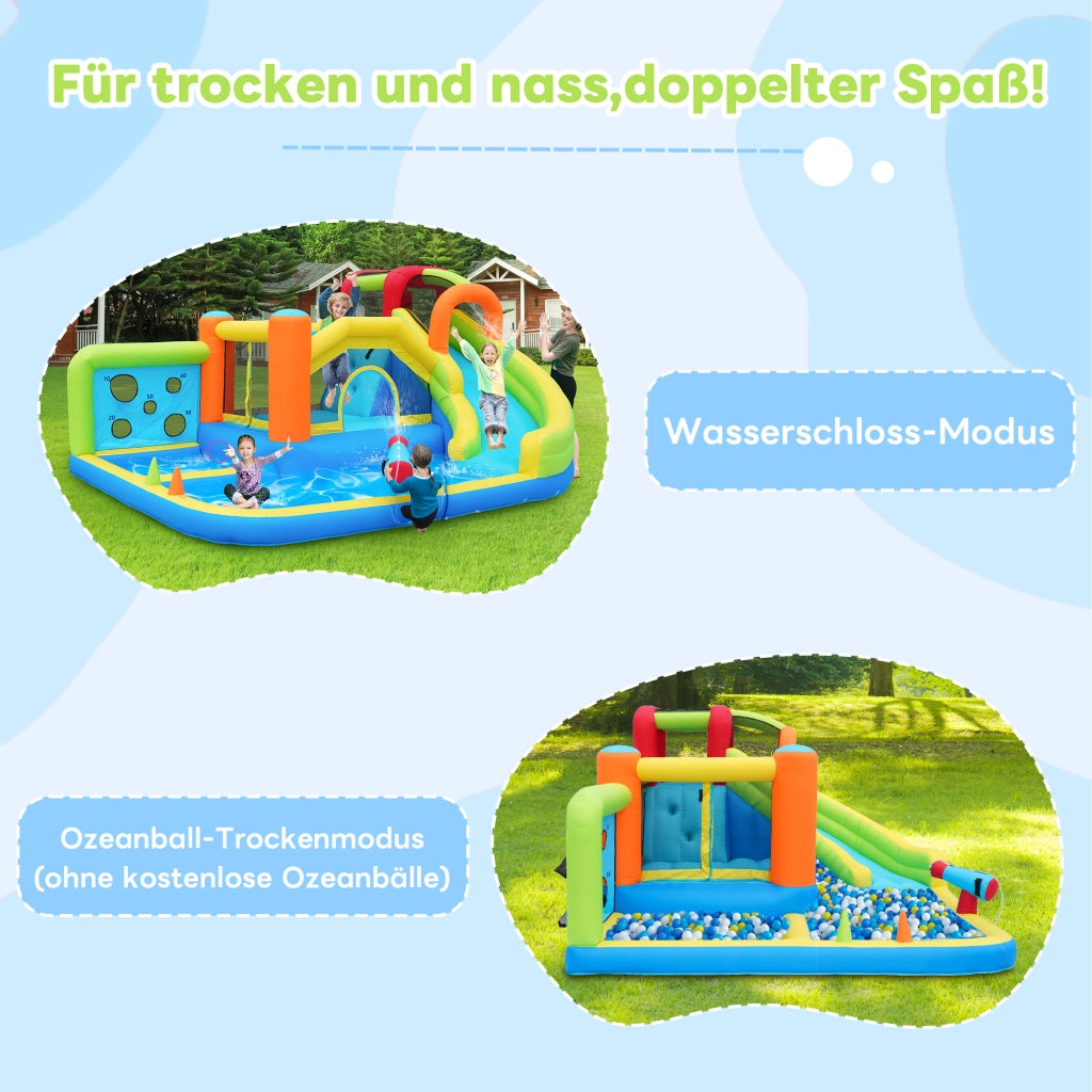 Castello gonfiabile multifunzione con scivolo d'acqua trampolino parete da arrampicata e soffiatore 450 W in tessuto oxford blu