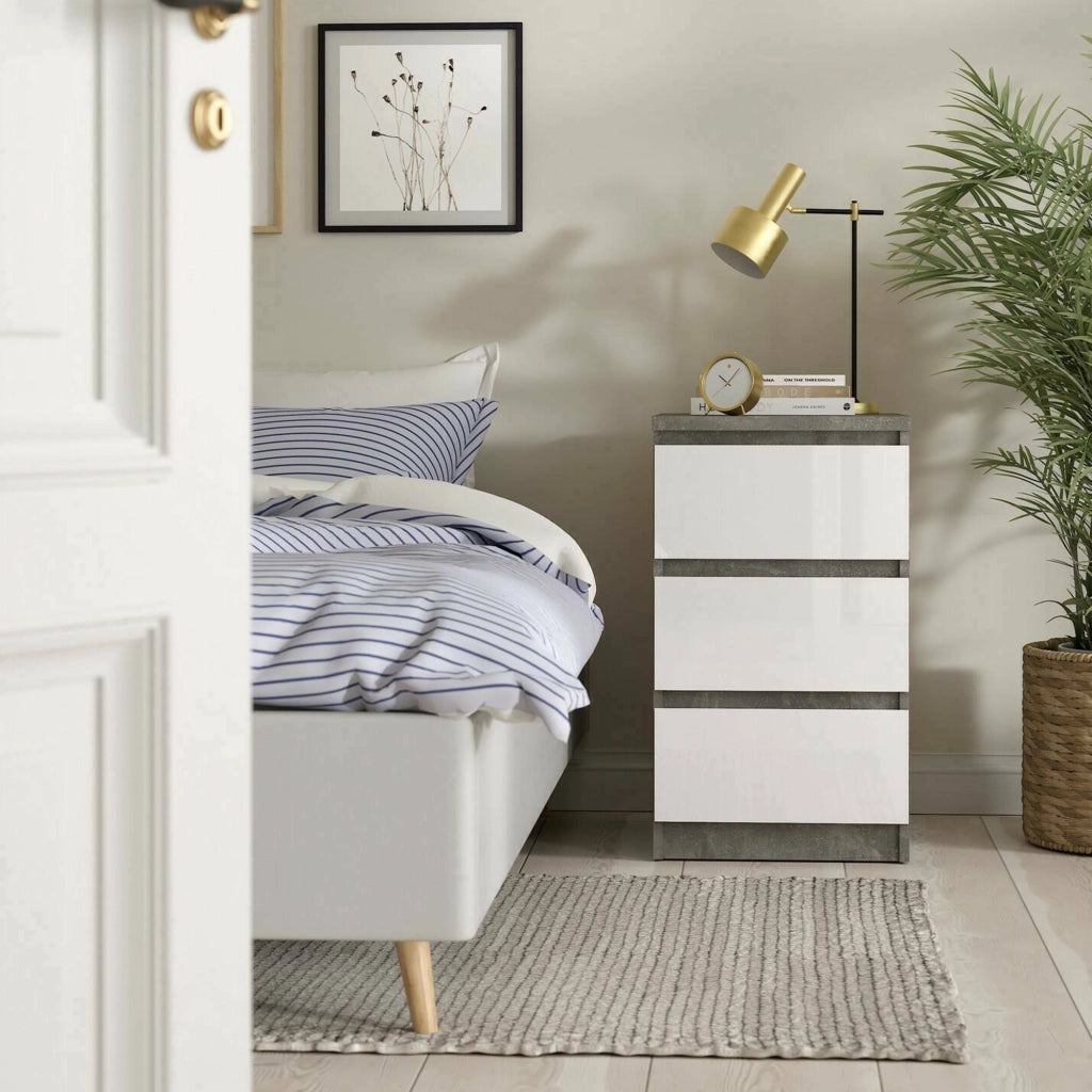 Cassettiera Accudino, Settimino multiuso, Comò camera da letto, Mobile con cassetti, 50x40 h70 cm, Cemento e Bianco lucido