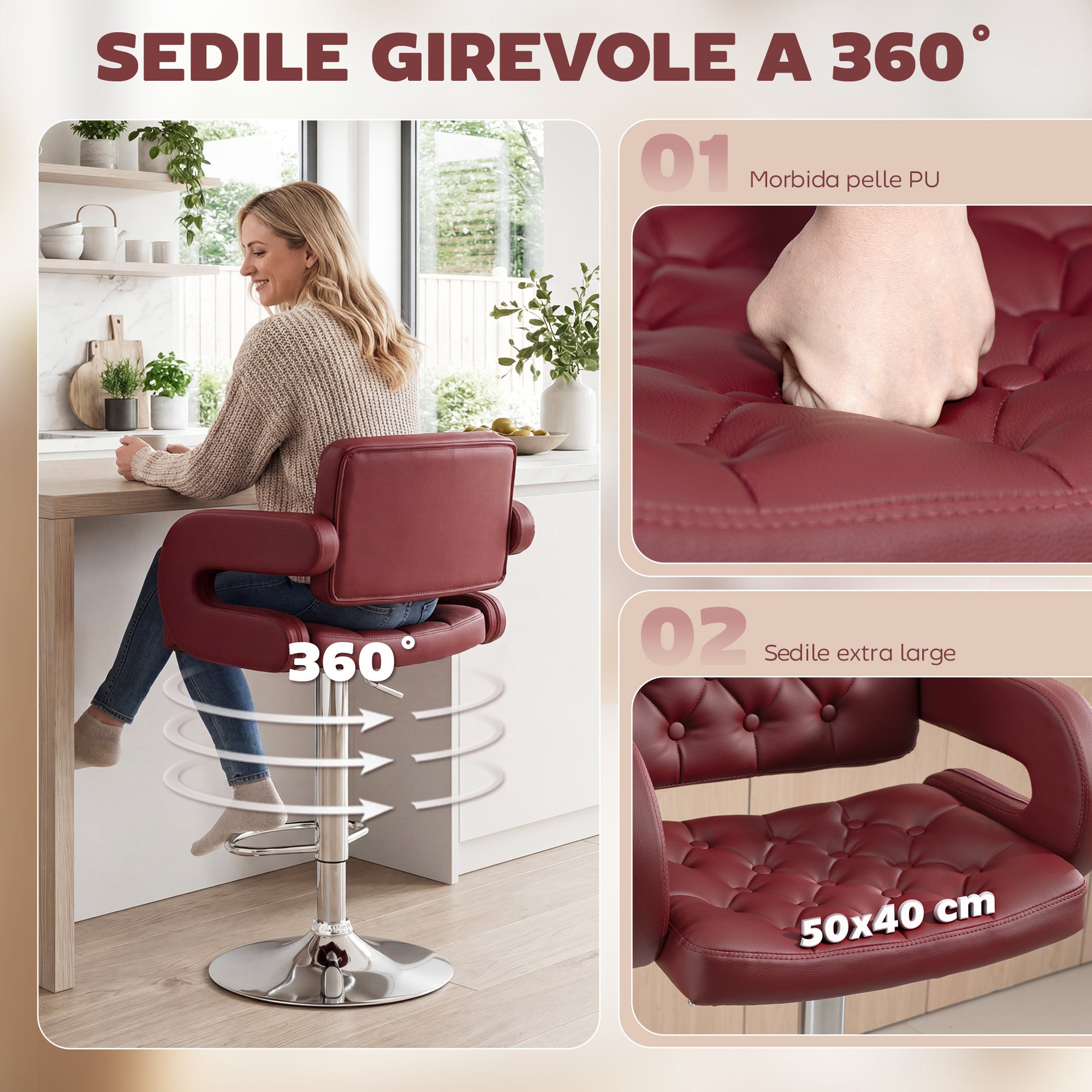 Sgabello da Bar con Schienale e Braccioli Altezza Regolabile e Poggiapiedi in Finta Pelle Rosso