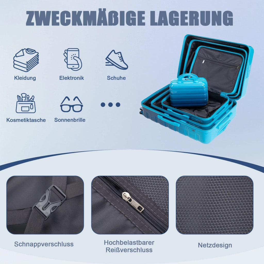 Set di 4 valigie rigide con trolley 360° in pc, manico telescopico a 3 livelli, blu 50.0 × 29.5 × 77.5 cm