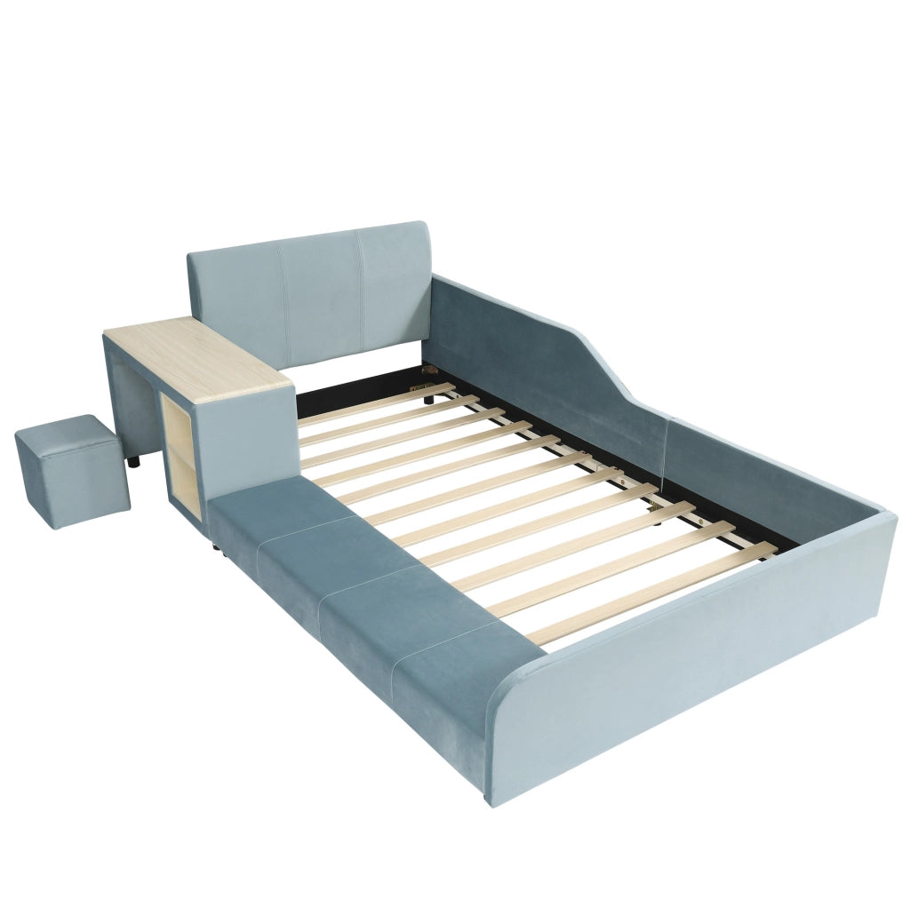Letto imbottito 90x200 cm blu velluto con scrivania laterale e sgabello