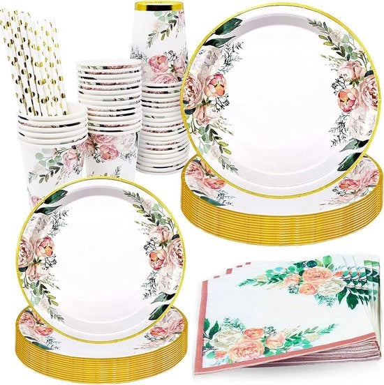 Serviesset per bambini da 25 pezzi con tema fiori, decorazioni per festa per 25 ospiti