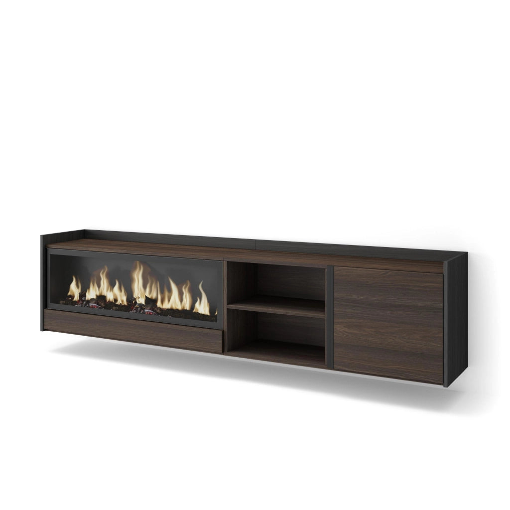 Mobile TV Soggiorno, 212x50x35 cm, Per TV fino a 80", Camino elettrico XXL, Sospeso, da appendere, Rovere scuro e Nero