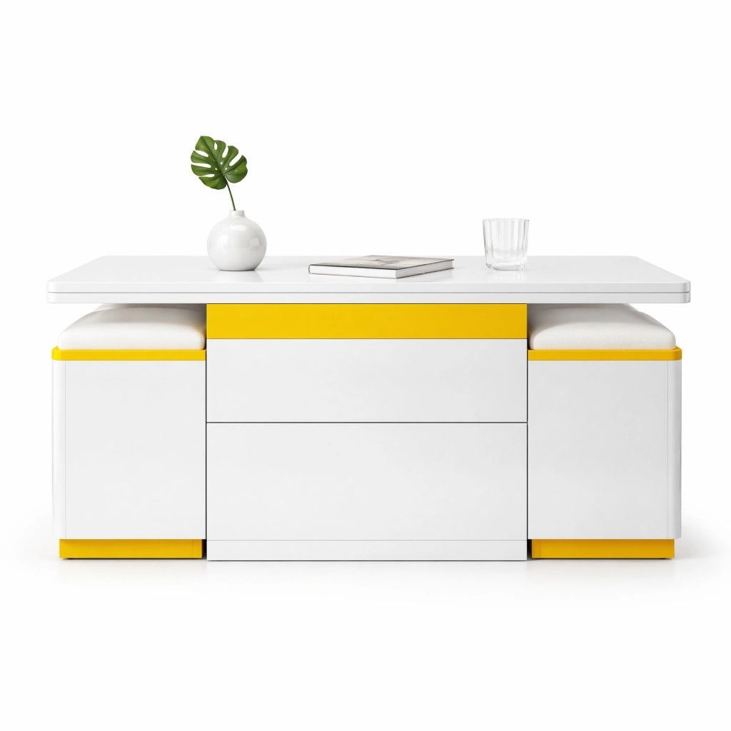 Tavolino da caffè trasformabile con 4 sgabelli contenitore 100x50x43 cm in MDF e truciolare bianco e giallo