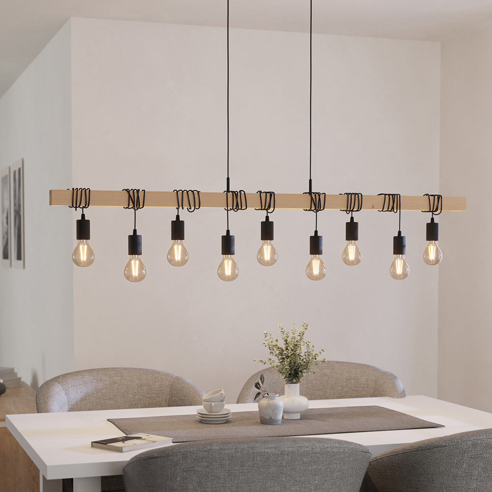 Lampadario Industrial Townshend 9 Luci Legno Marrone E Nero