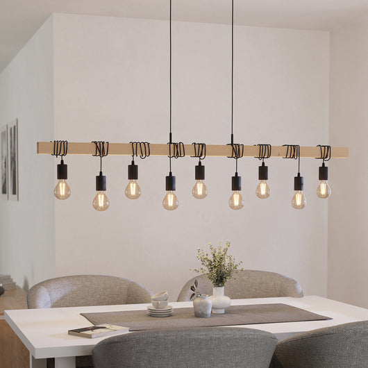 Lampadario Industrial Townshend 9 Luci Legno Marrone E Nero