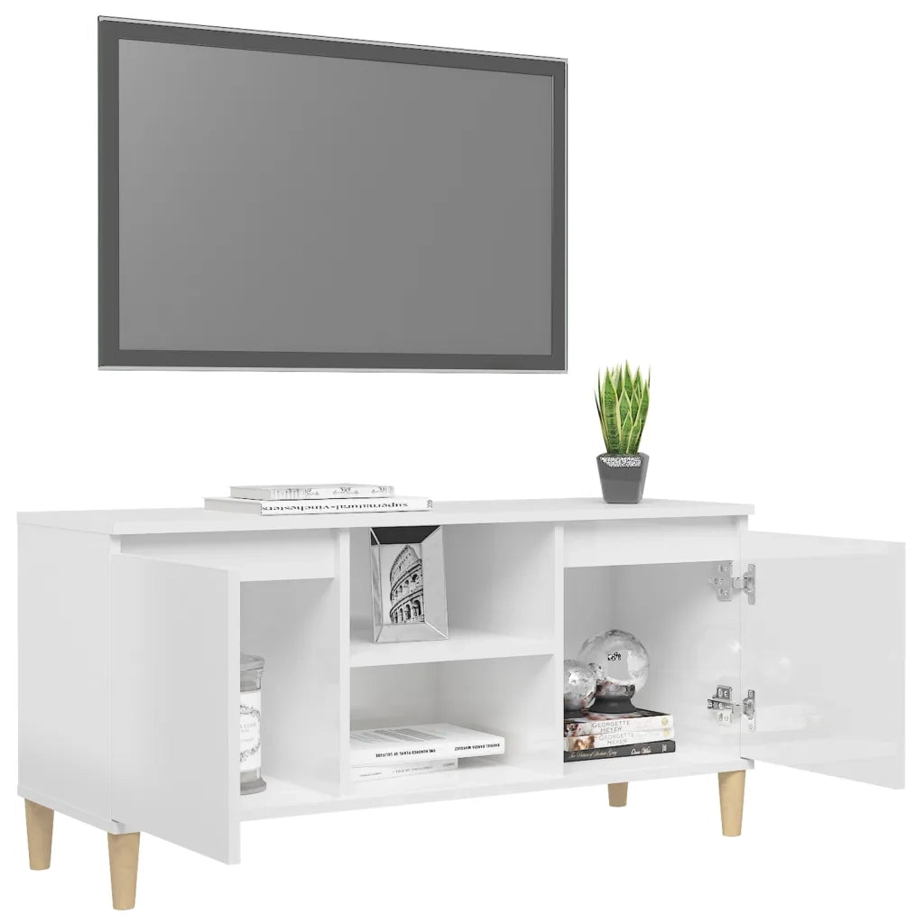 Mobile TV con Gambe Legno Massello Bianco Lucido 103,5x35x50 cm cod mxl 59903