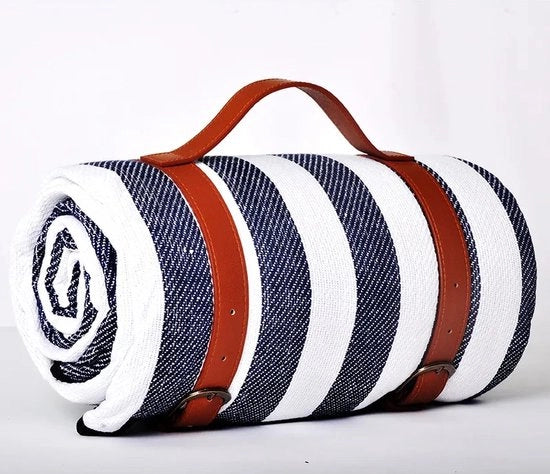 Tessuto da picnic 200x200cm - Impermeabile - Tela da spiaggia - Tavolo da picnic - Coperta da picnic - Tela da spiaggia - Soffice & Comodo - Blu | Bianco | Strisce