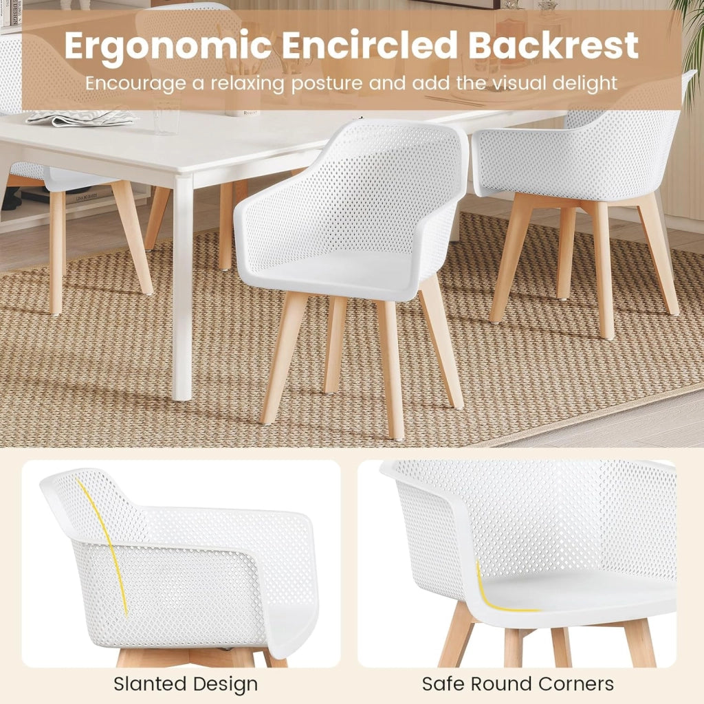 Set di 2 Sedie da Pranzo, Sedia da Cucina con Gambe in Legno, Seduta in PP, Schienale Curvo Ventilato, Braccioli, Poltrona moderna per Soggiorno, Bar e Cucina, Capacità 150 kg