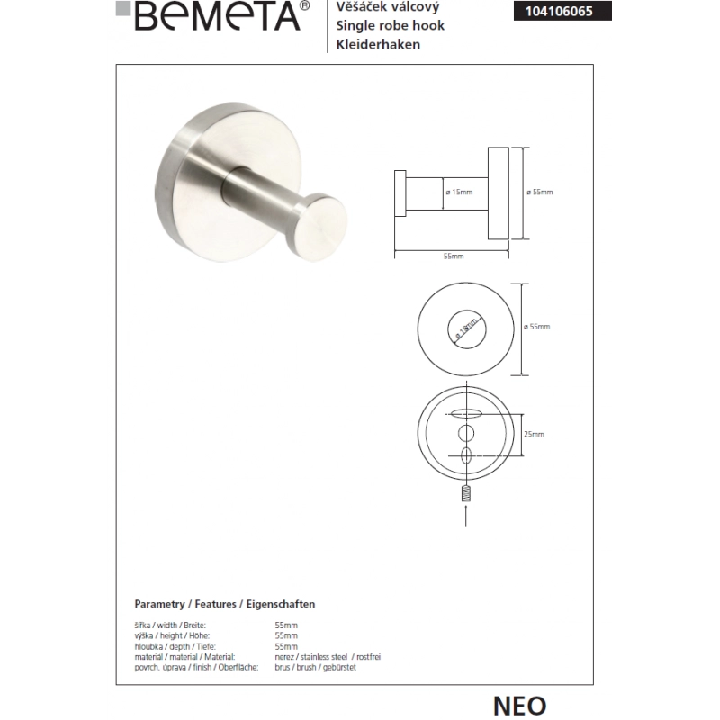 NEO Appendiabiti Cilindrico in Acciaio Inox 5,5x5,5x6cm