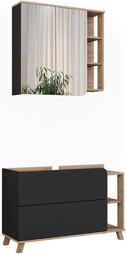 Set di mobili da bagno Karen, Sonoma/Bianco, 100 cm, composto da specchio da bagno e mobile sottolavabo