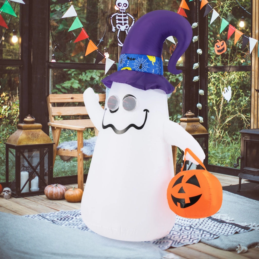 Halloween inflatabile 180cm con jack-o-lantern cappello da strega luce ad effetto specchio infinito, Fantasma carino-Halloween