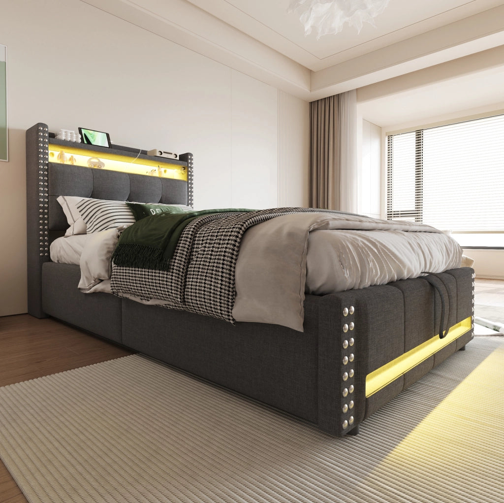Letto imbottito ULEVR 90x200 cm con contenitore idraulico, LED multicolore e presa USB, lino grigio