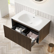 Mobile lavabo a muro - Xylo - 80 cm - Bianco ceramica, legno quercia marrone, preassemblato