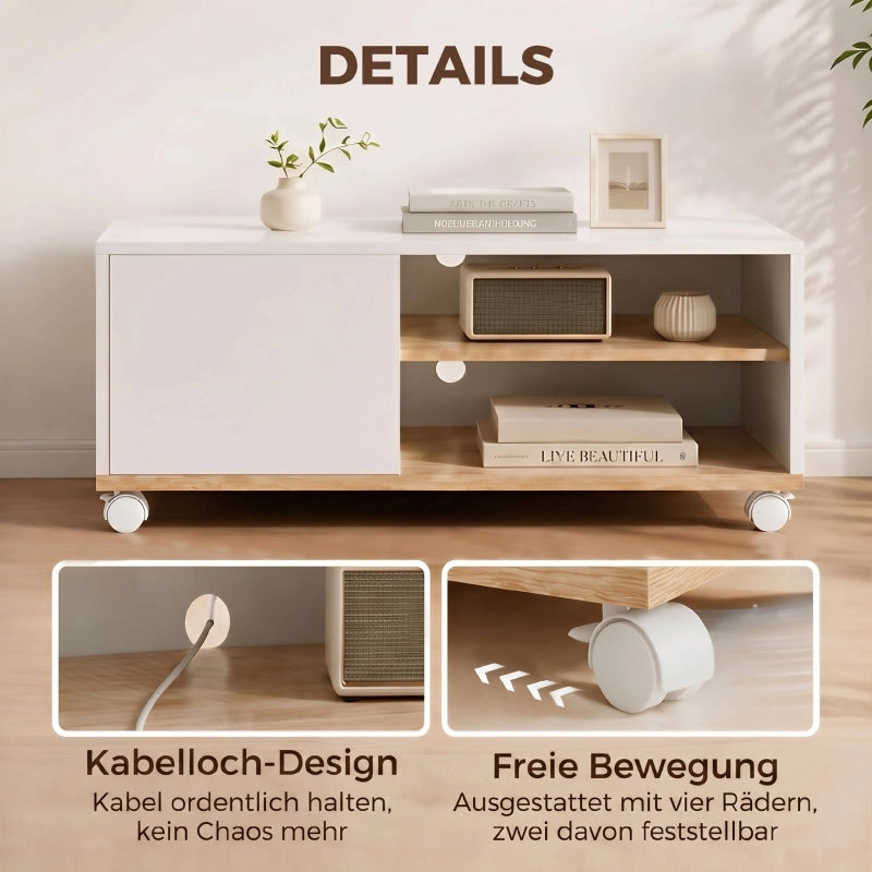 MOBILE TV su ruote 80x45x41 cm Bianco e Quercia con anta e ripiano regolabile
