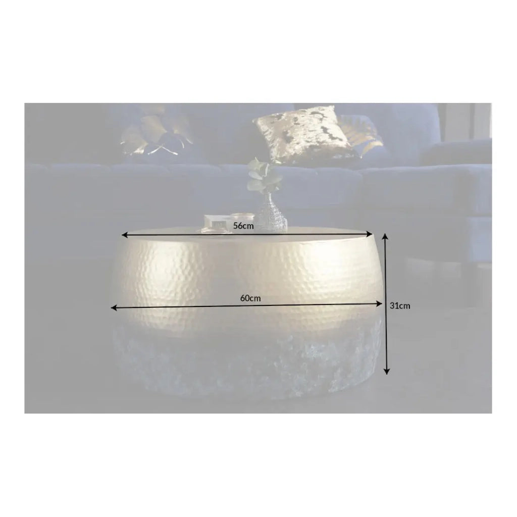 Tavolino basso TRIANE 60 cm in alluminio dorato e blu – Tavolino basso rotondo design effetto martellato