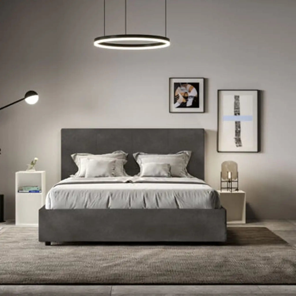 Letto matrimoniale con rete imbottito 160x190 microfibra grigio Mika