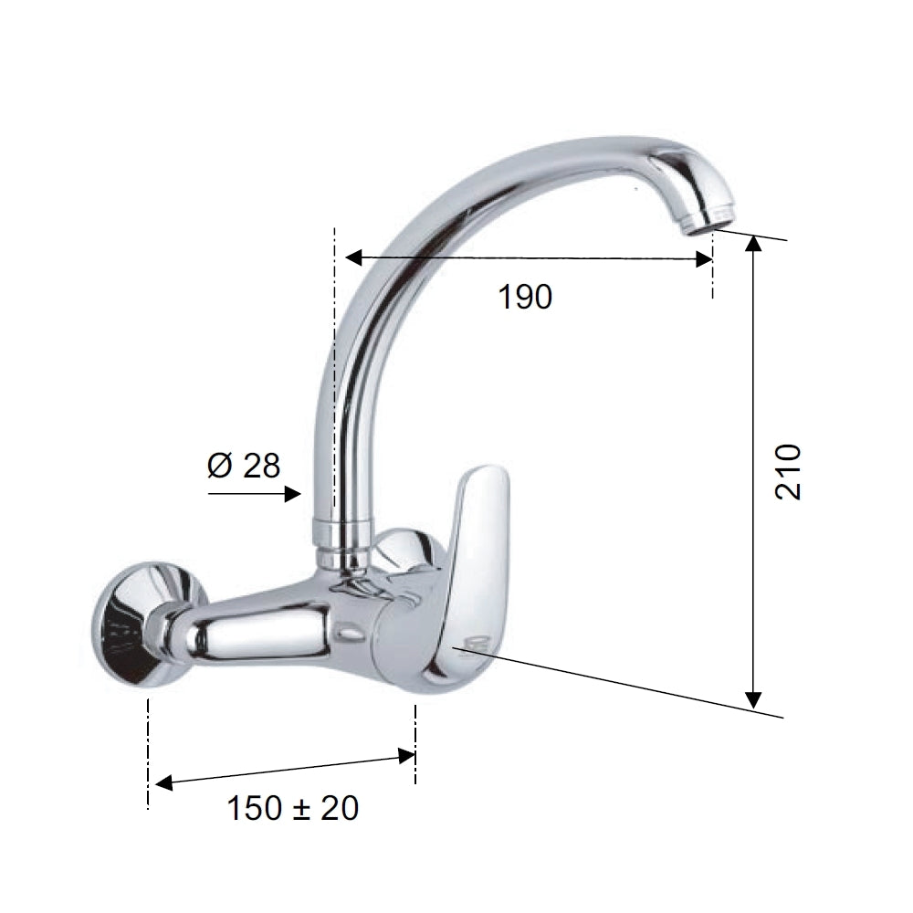 Rubinetto lavello a muro con leva frontale e bocca alta girevole - serie project
