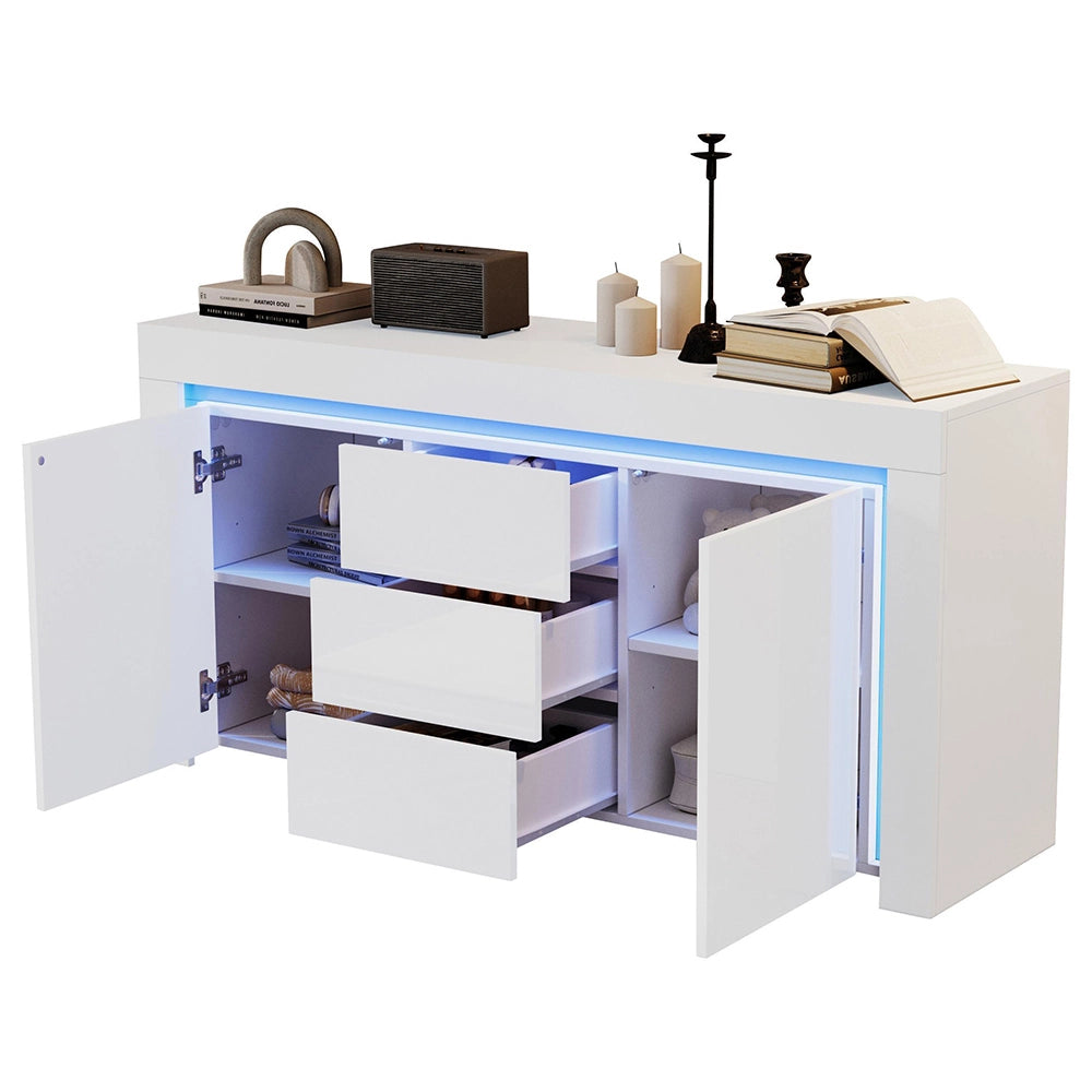 Credenza Soggiorno 140x40x65cm - Xylo - 3 Cassetti e 2 Ante Lucide con LED, Bianco