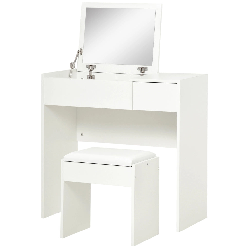 Cassettiera Trucco con Specchio Richiudibile e Sgabello ¨C zephmum ¨C MDF Bianco, 80x40x79 cm