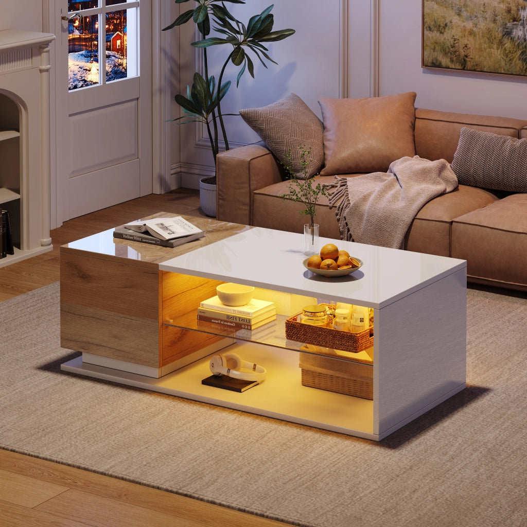 Tavolino basso con LED e vano contenitore, moderno, in truciolare, per soggiorno, bianco rovere, 105 × 50 × 36 cm