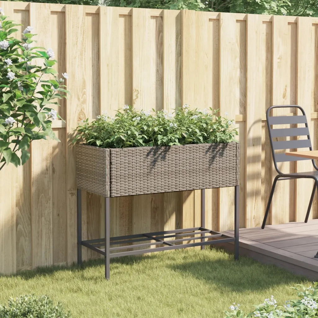 Fioriera | Cassetta per fiori | Vaso da Giardino con Ripiano Grigia in Polyrattan