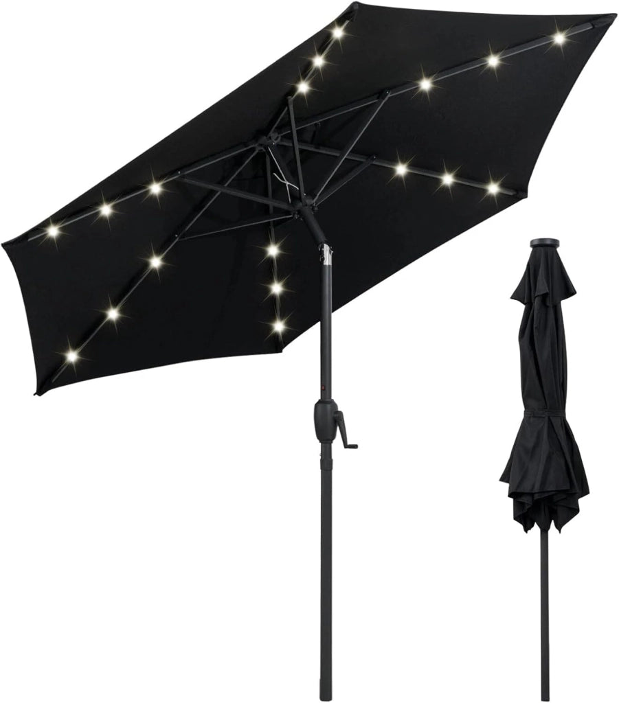 Ombrellone da Giardino con LED 230 cm, Ombrellone da Spiaggia Inclinabile e Portatile, con 6 Aste e Manovella in Metallo, Anti UV, da Esterno per Patio, Piscina, Mercato, Terrazzo