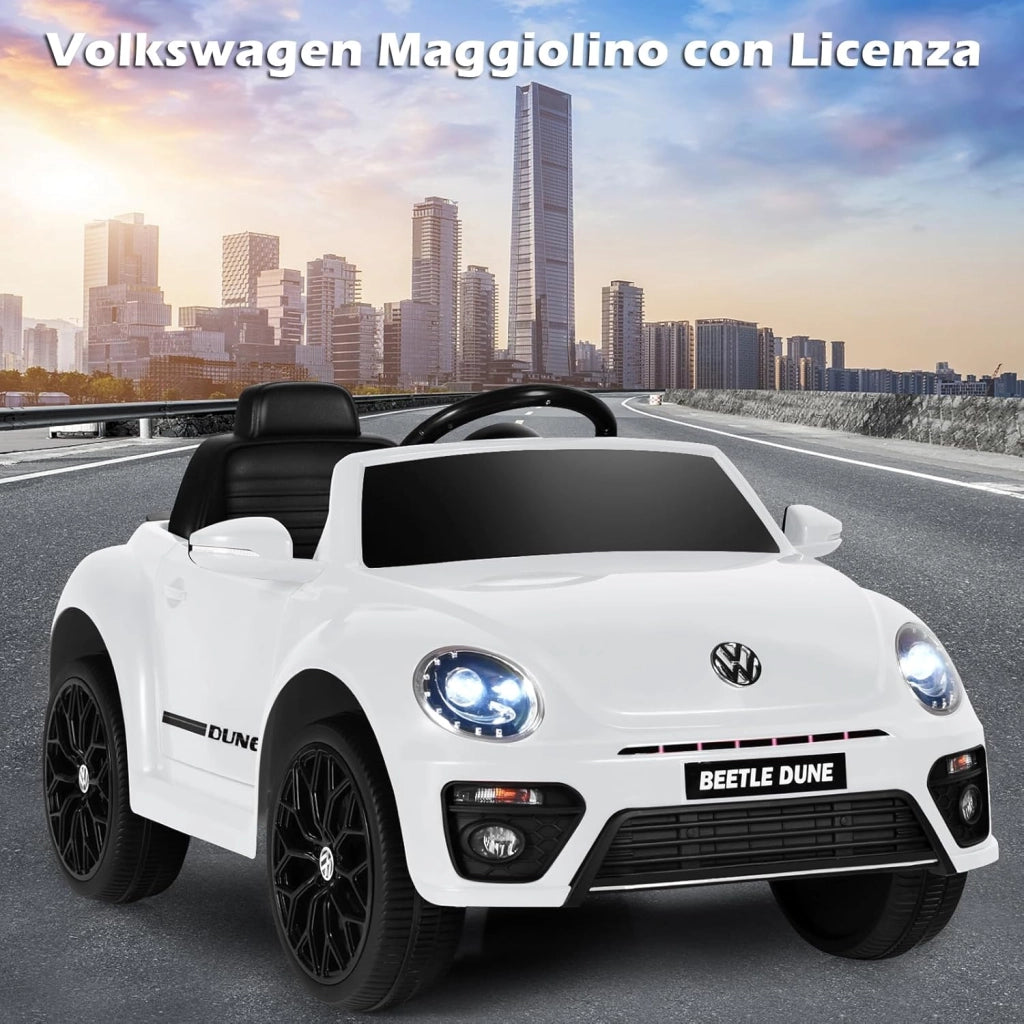 12V Volkswagen Macchina Elettrica per Bambini, Auto Elettrica con Telecomando Luci Musica Doppia Porta, 5km/h Carico 30kg, per Bambini 3-8 Anni (Bianco)