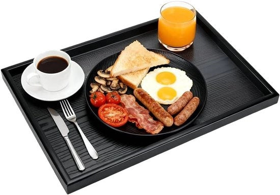 Tavola per Tè in Legno Rettilinea per Colazione, Pranzo e Cena - Piatti di Servizio in Legno Nero per Caffè, Spuntini e Pasti - Ideale per Patio, Bagno, Ristorante, BBQ e Festa - 36x27cm