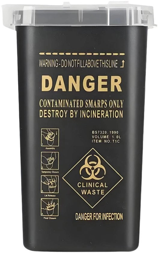 Contenitore per Aghi da Tatuaggio 1 Litro - Perforazione Resistente - Progettato per essere Compatto e Portatile - Disegno a Coperchio Rotativo - Facile da Pulire - Raccoglitore di Rifiuti