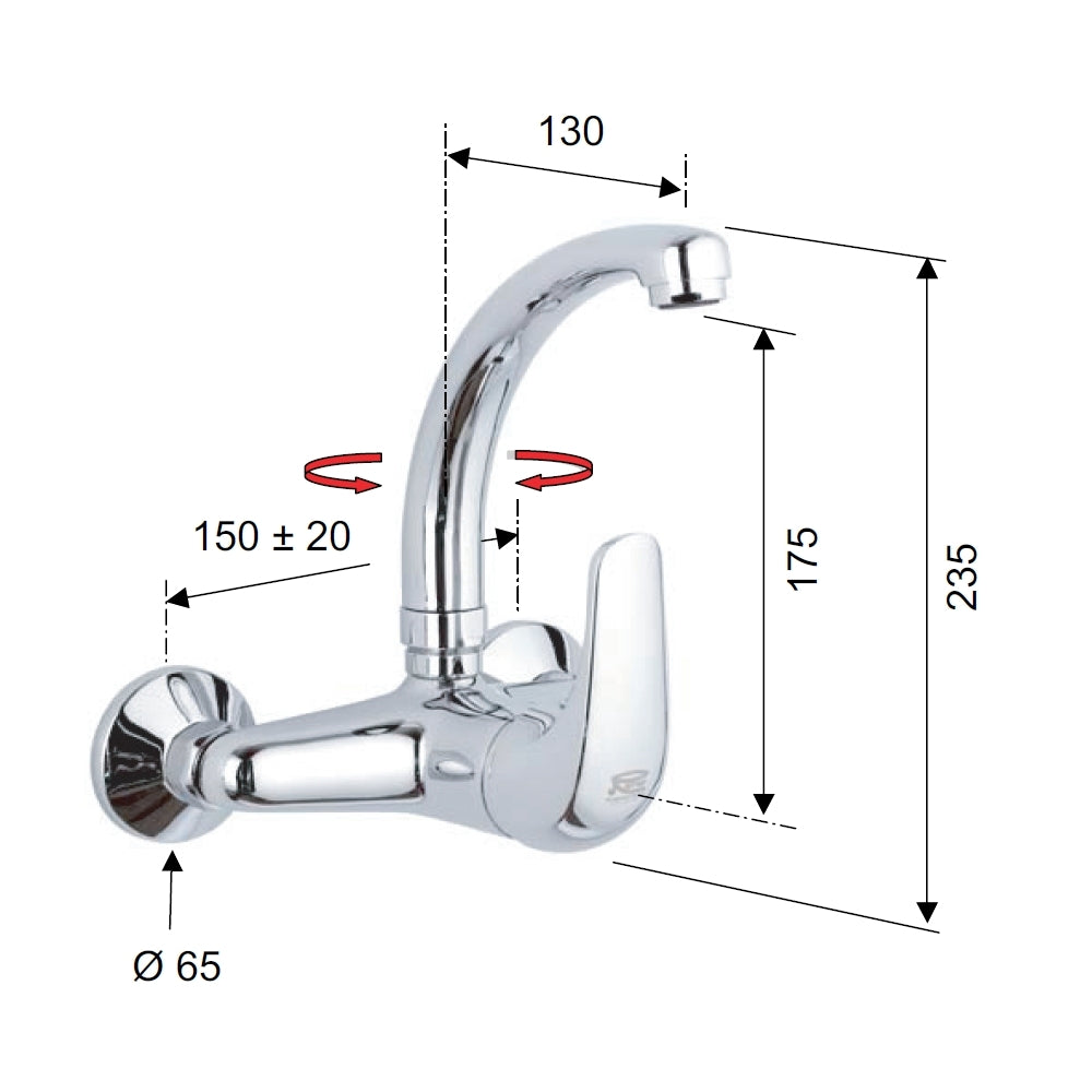 Rubinetto lavello a muro con leva frontale e bocca modello corto - serie project