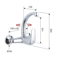 Rubinetto lavello a muro con leva frontale e bocca modello corto - serie project