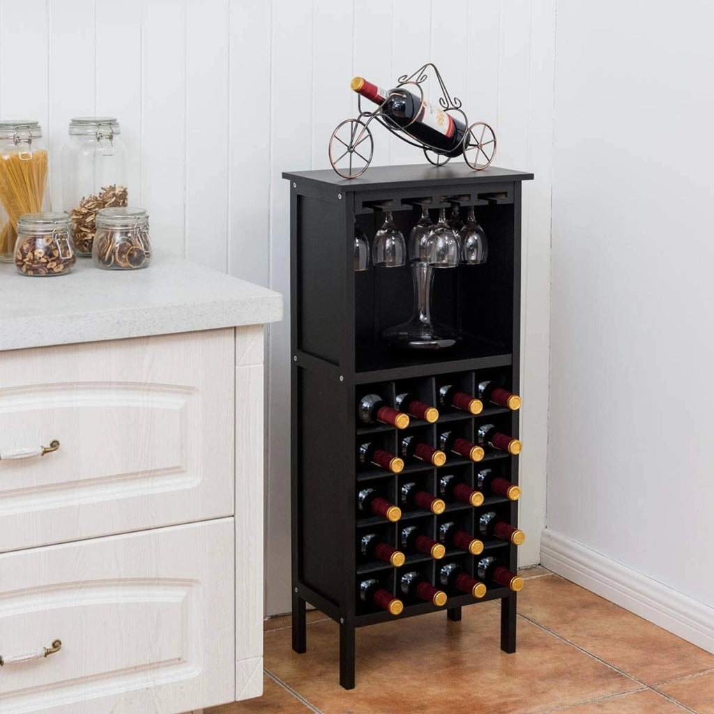 Cantinetta Portabottiglie in Legno, Scaffale per Vino con Portabicchiere/Calici, Portavino per 20 Bottiglie e 4 Calici, 42 x 24,5 x 96 cm (Nero)